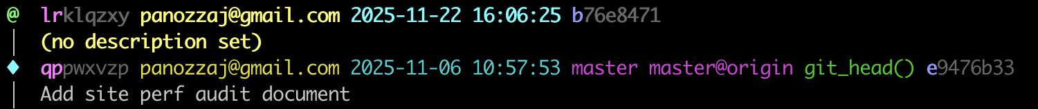 jj screenshot showing color-coded commit identifiers